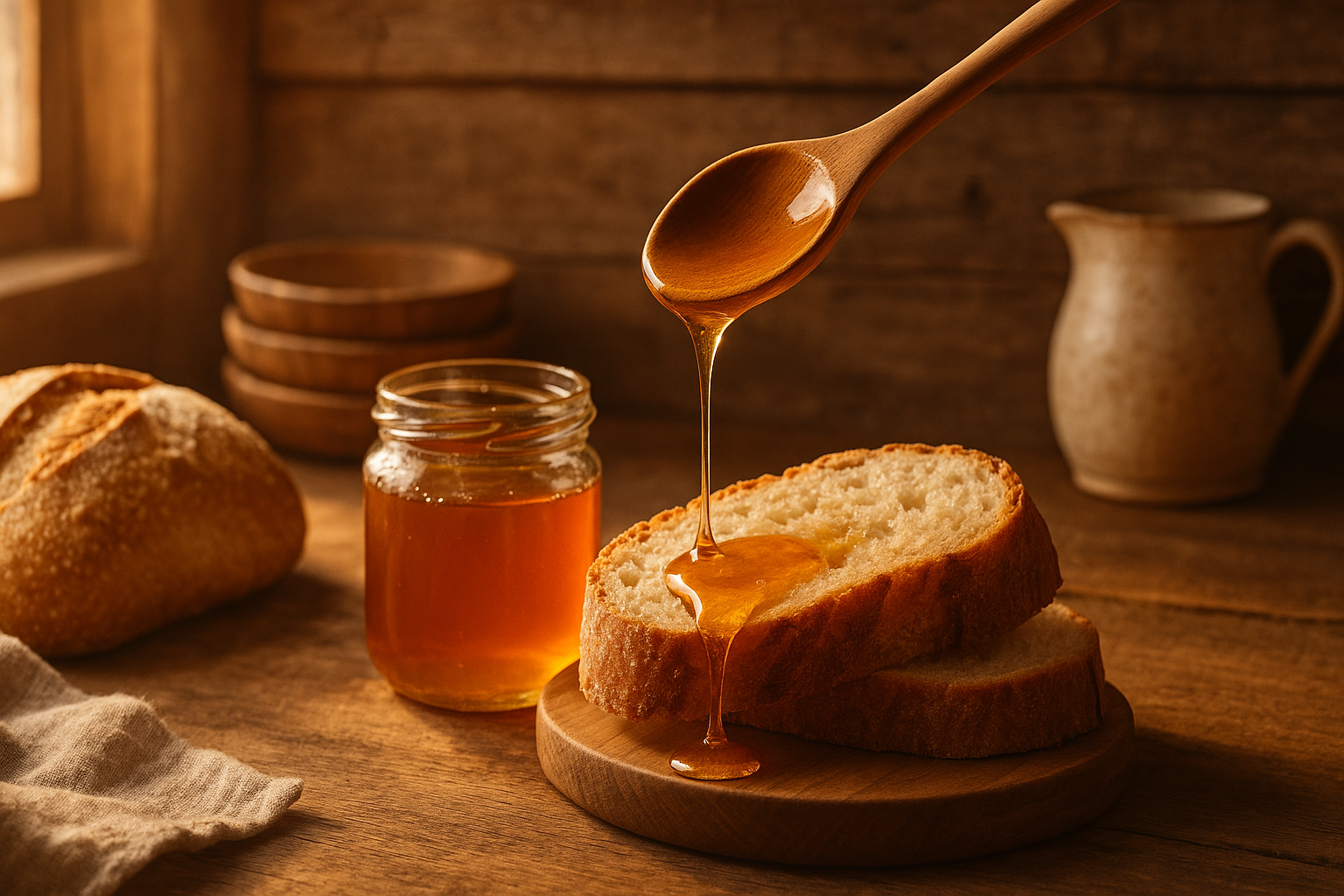 Rustic banner with honey drizzling over bread